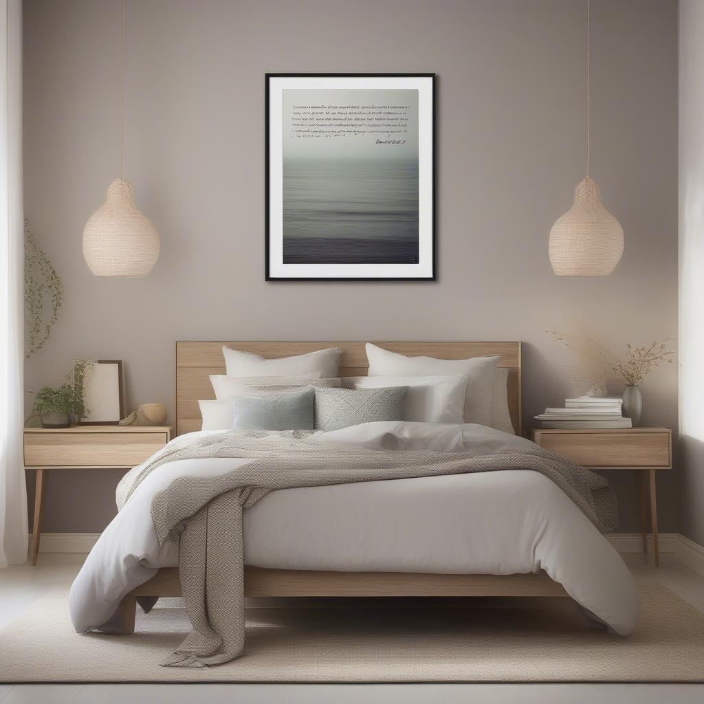 Lyrics framed art creates a personalized atmosphere in a bedroom