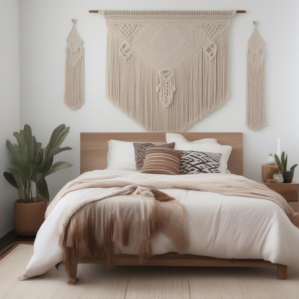 Macrame wall hanging creating a bohemian vibe in a bedroom