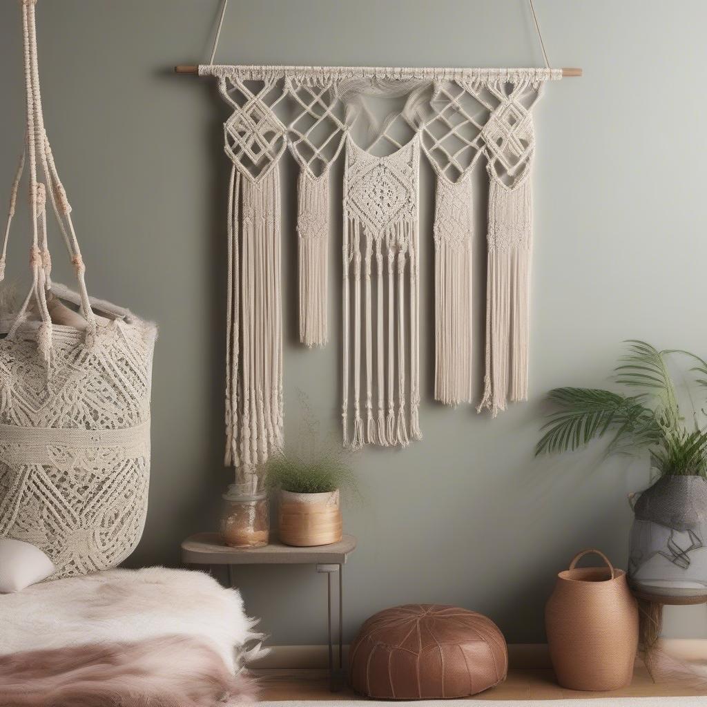 Macrame wall hangings in various bohemian styles, incorporating different knots, colors, and textures.