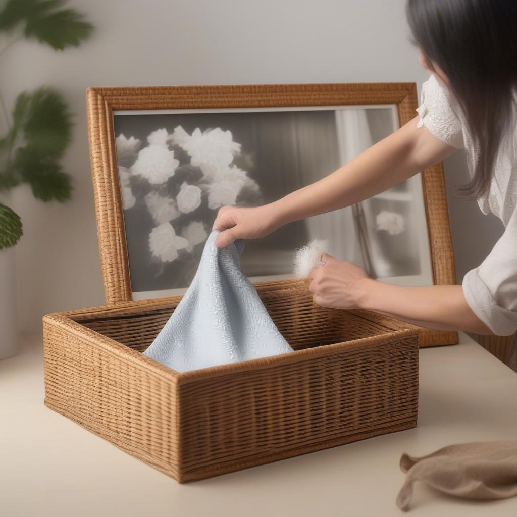 Demonstrating the proper way to clean and maintain framed picture storage boxes to ensure longevity.