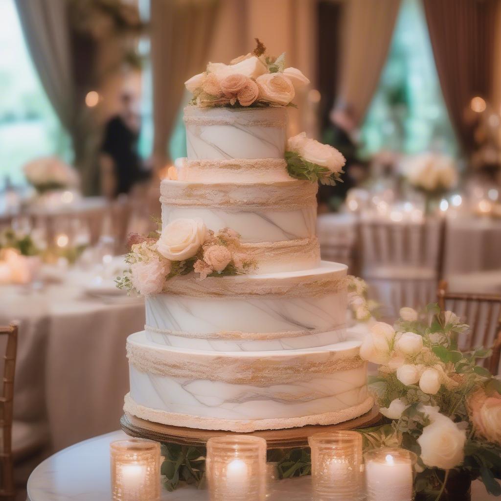 Elegant multi-tiered marble cake stand at a wedding reception