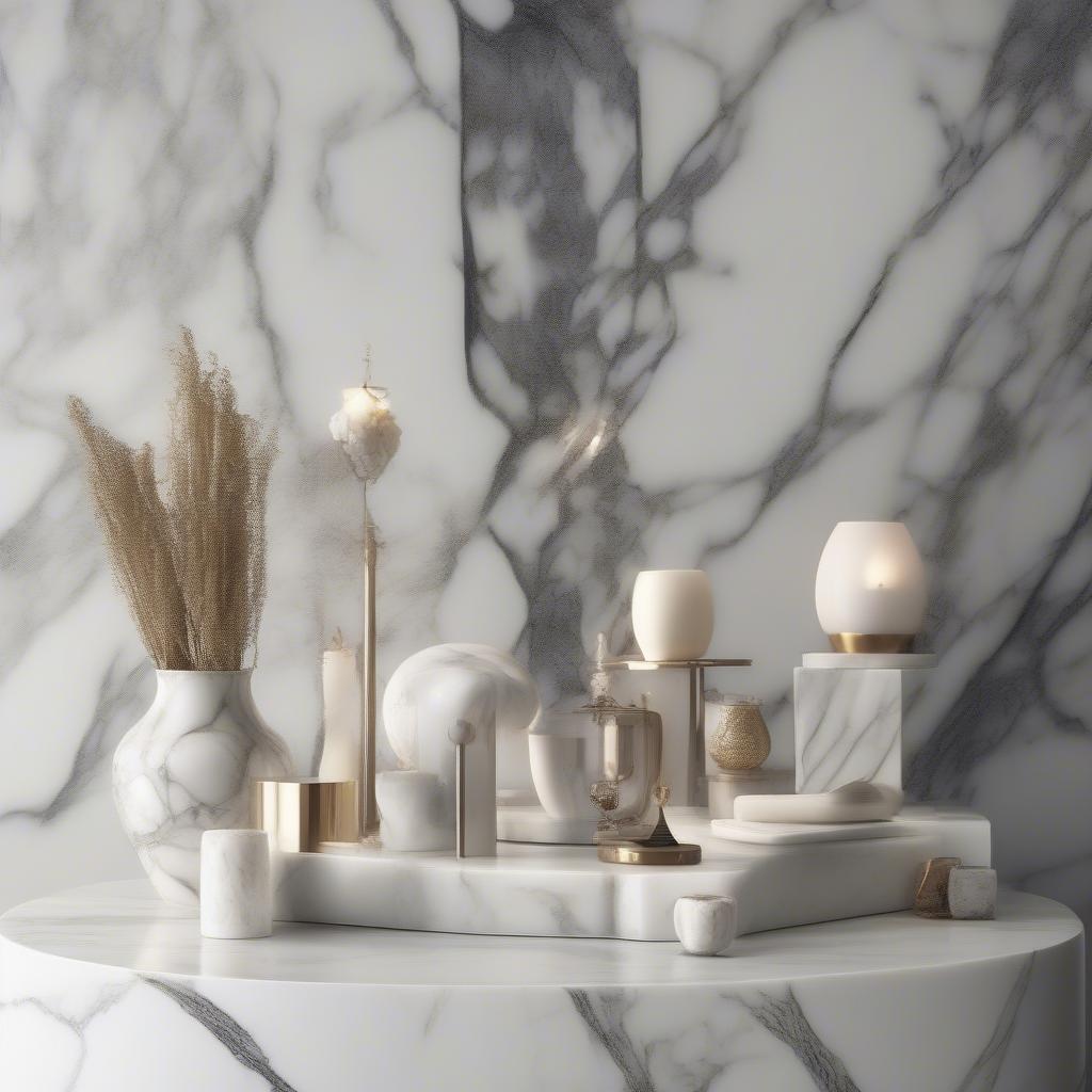 A styled marble display showcasing various products