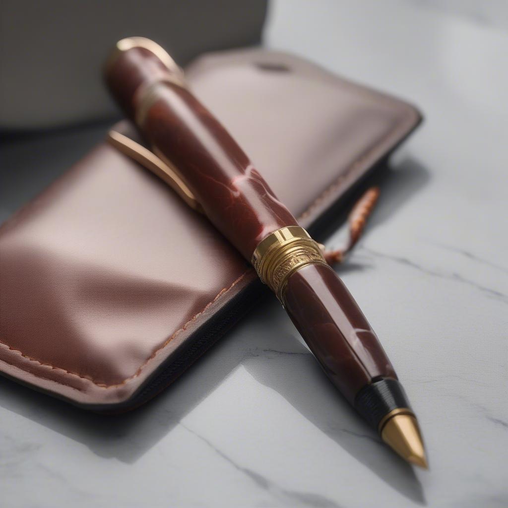 Marble pen stored in a protective leather case