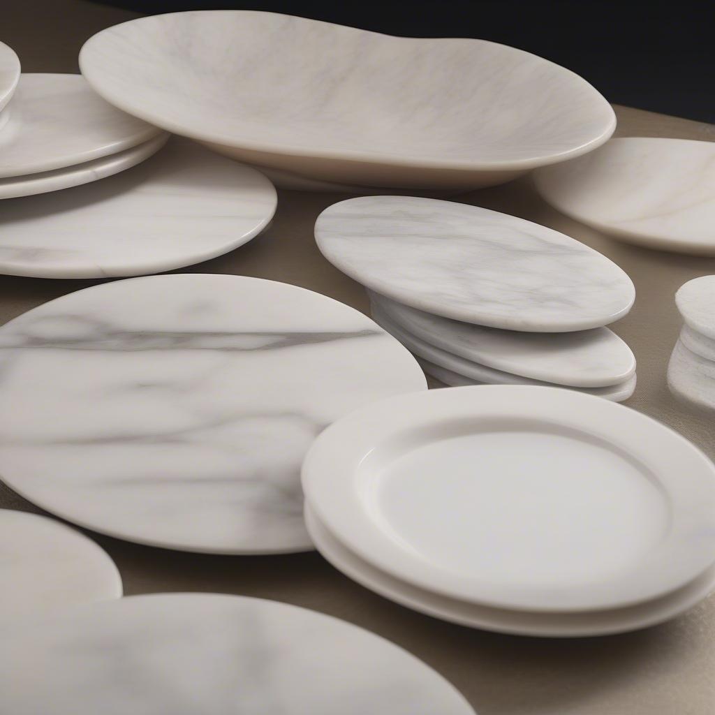 Marble plates displayed in different retail settings, including online shops and physical stores.