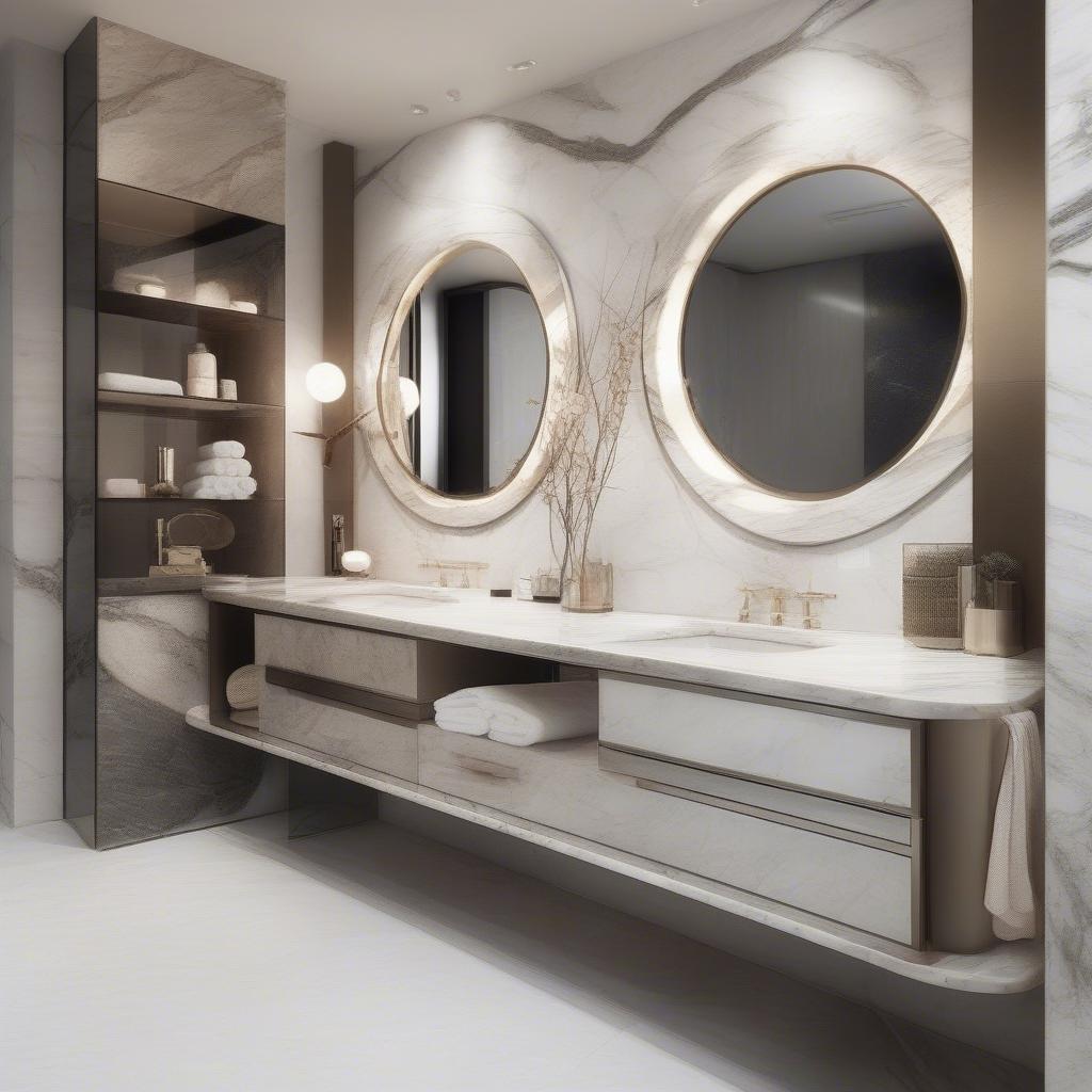 Marble rounds used as decorative accents in a bathroom setting.