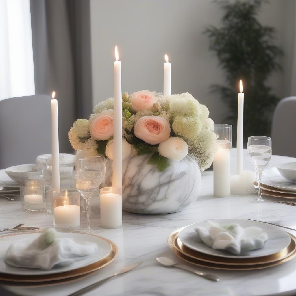 Marble rounds arranged as a centerpiece on a dining table with candles and flowers.