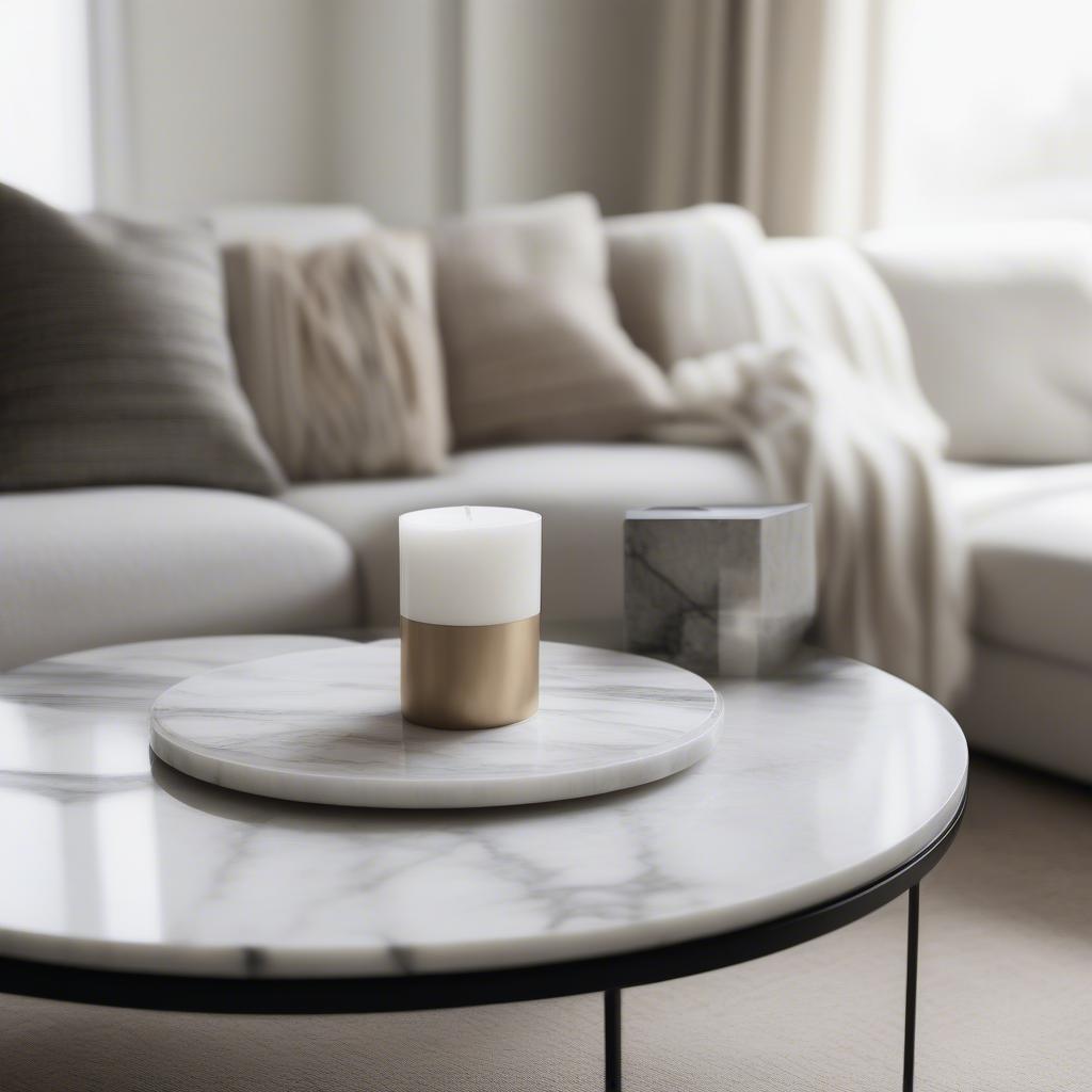 Marble rounds used as coasters on a coffee table in a modern living room setting.