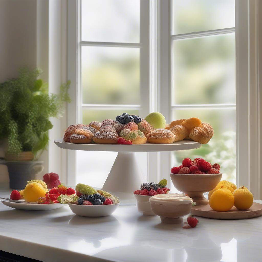 Marble stand displaying pastries and fruits in a modern kitchen