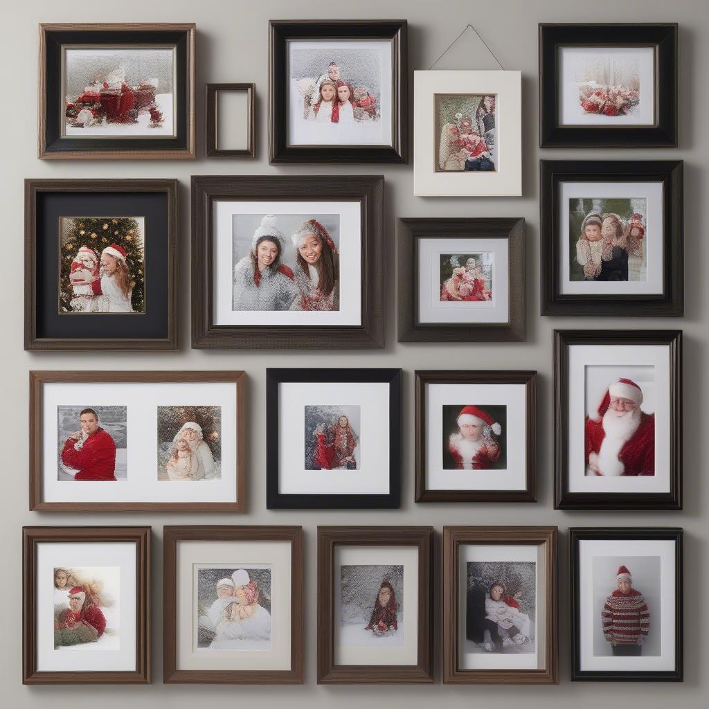 A display of Christmas photos in various sizes and orientations, each framed perfectly with a complementary Christmas frame.