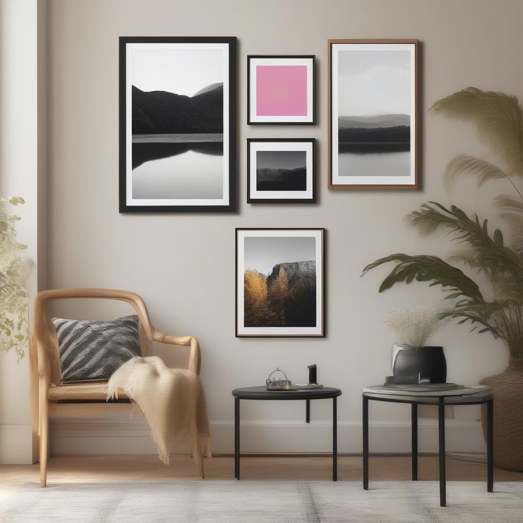 Examples of different frame styles paired with various artwork types, demonstrating how to match frame design to image content and style.