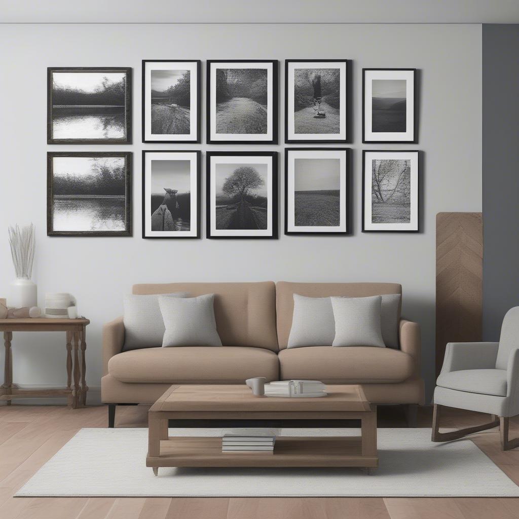 Examples of different frame styles paired with various interior design aesthetics and photo types