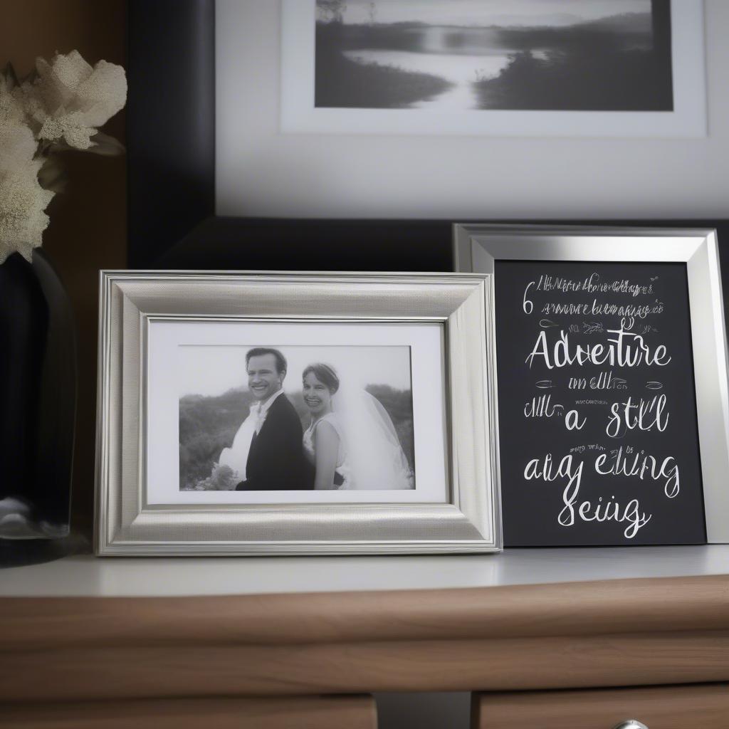 Two matching picture frames with quotes celebrating a wedding anniversary displayed on a bedside table. One frame holds a wedding photo, the other a recent photo, both with anniversary-themed quotes.