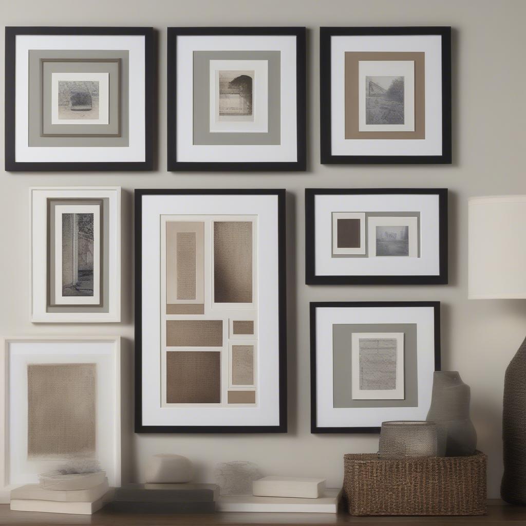 Matted frames displayed on a wall in various styles