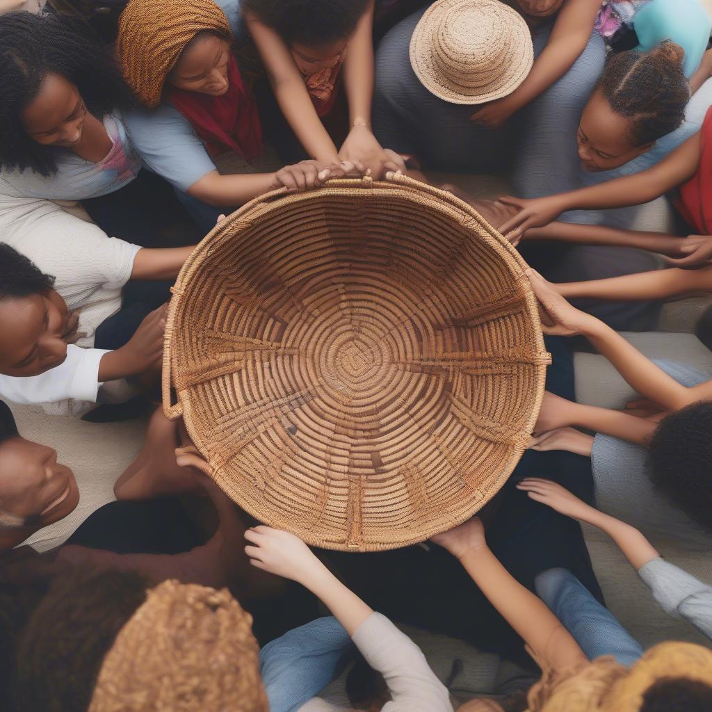 People gathering around a large woven basket, sharing stories and laughter.