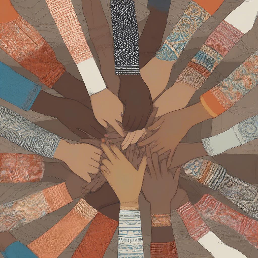 People of diverse backgrounds holding hands, interconnected by a woven pattern