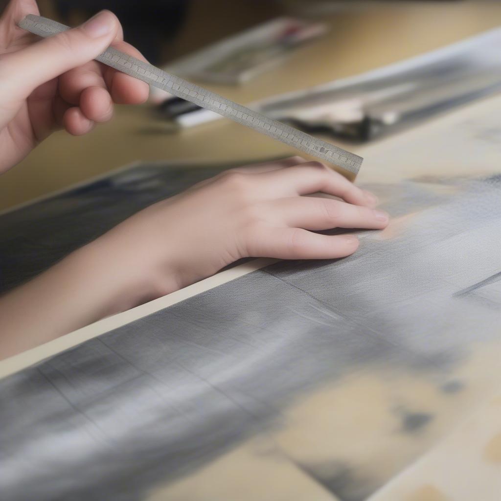 Measuring Artwork for Framing: A person measuring a piece of artwork with a ruler, demonstrating the correct way to measure for a picture frame.