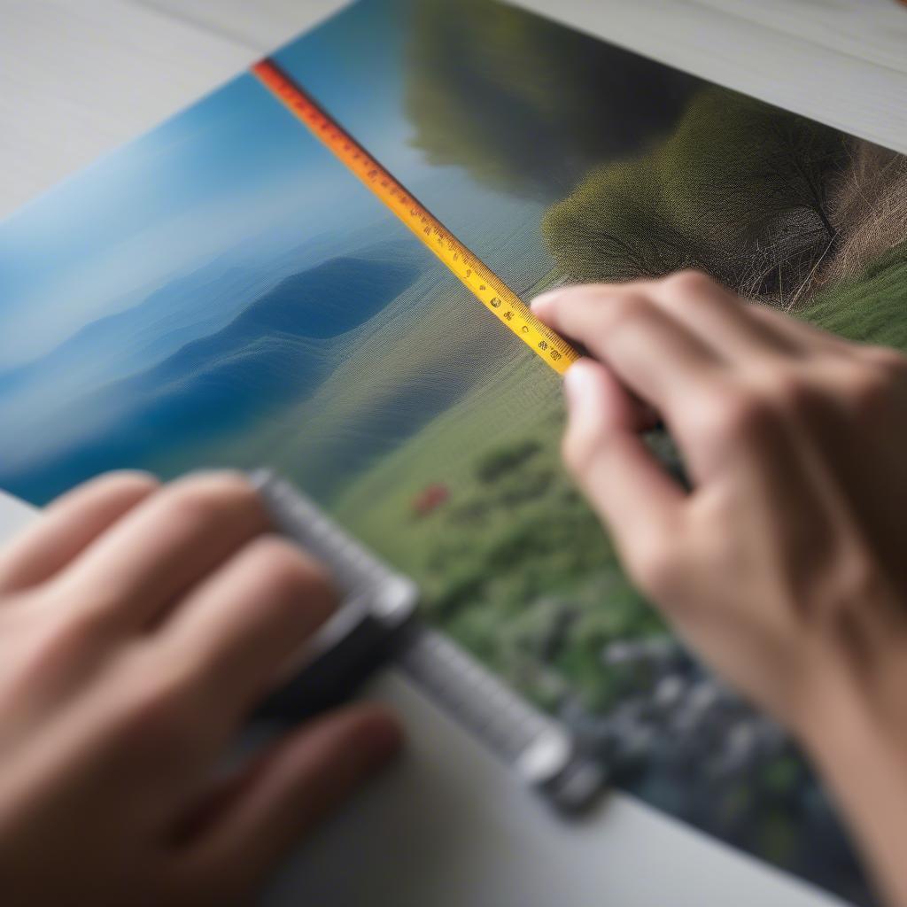 A person carefully measuring a photo with a ruler to determine the correct frame size