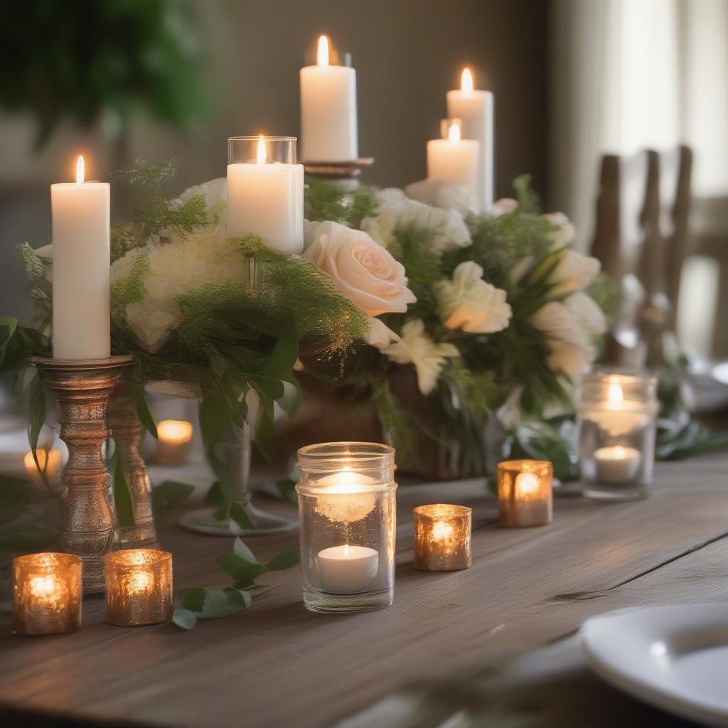 Mercury votive centerpiece with floral arrangement