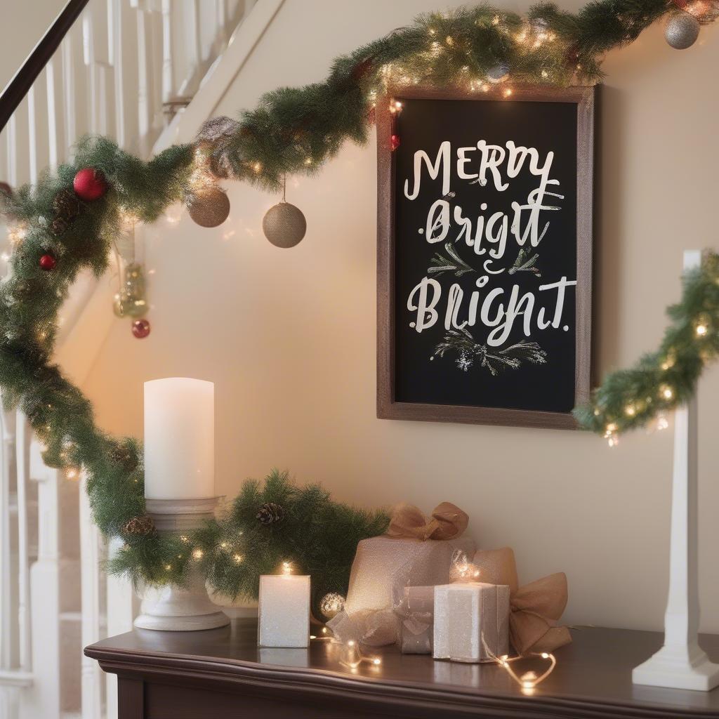 A merry & bright sign hanging in a festive entryway.