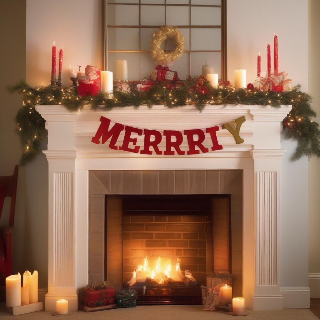 A merry & bright sign displayed prominently above a fireplace mantel.