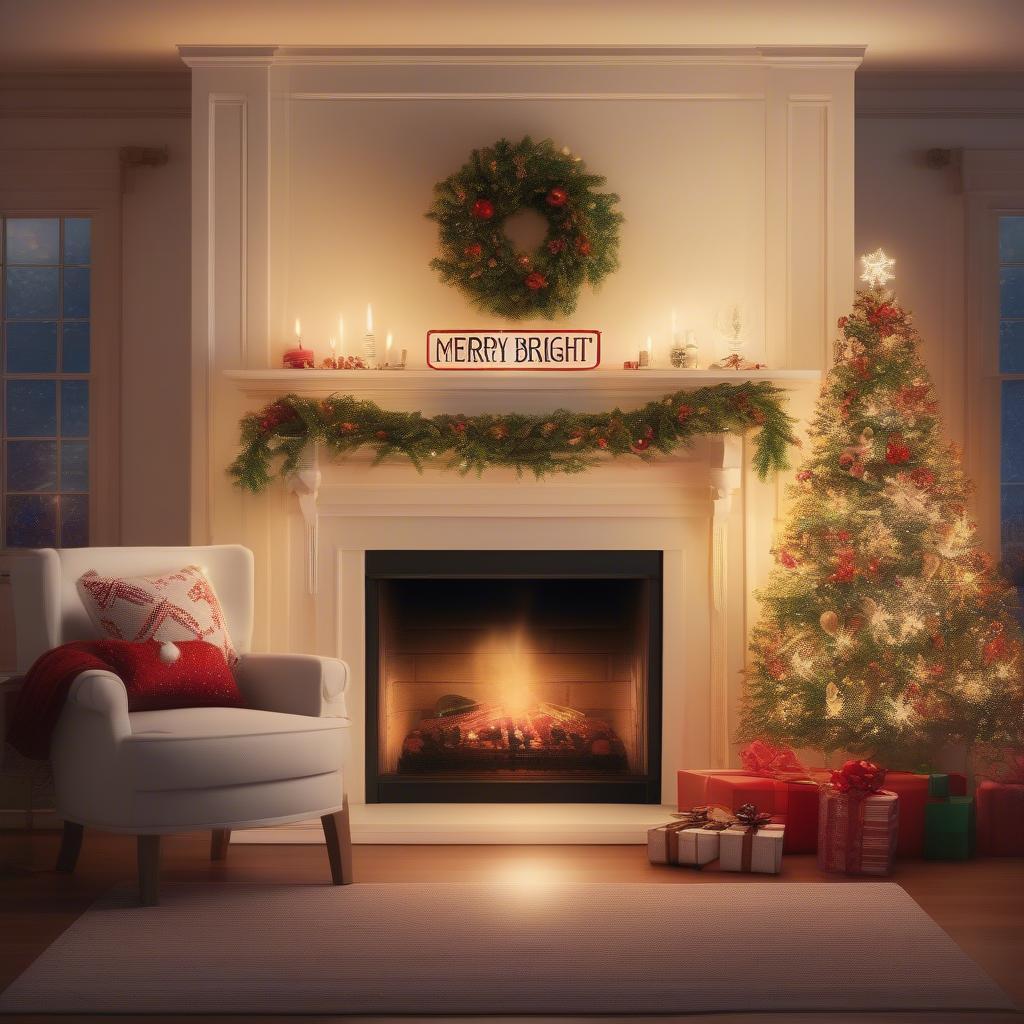 A merry & bright sign illuminating a cozy living room decorated for Christmas.