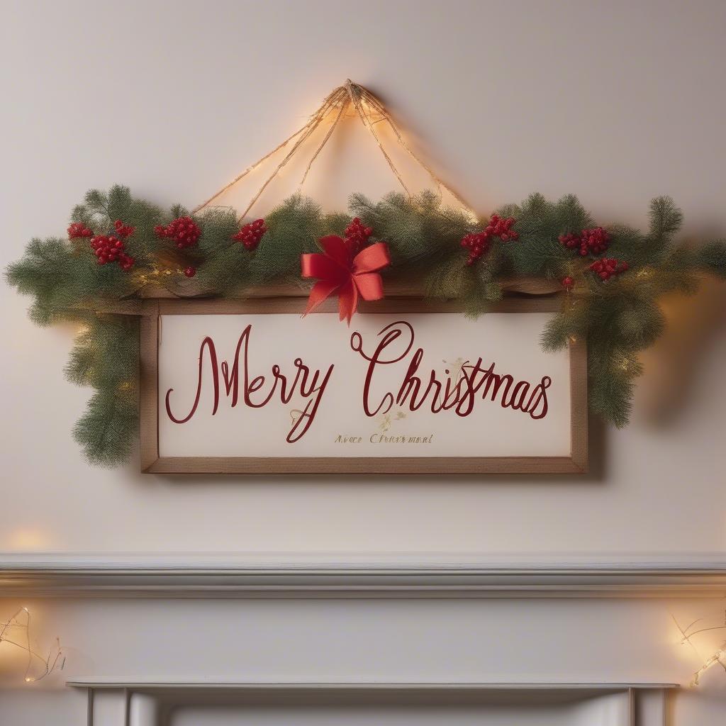 Wicker Merry Christmas sign hanging on a wall, surrounded by festive decorations.