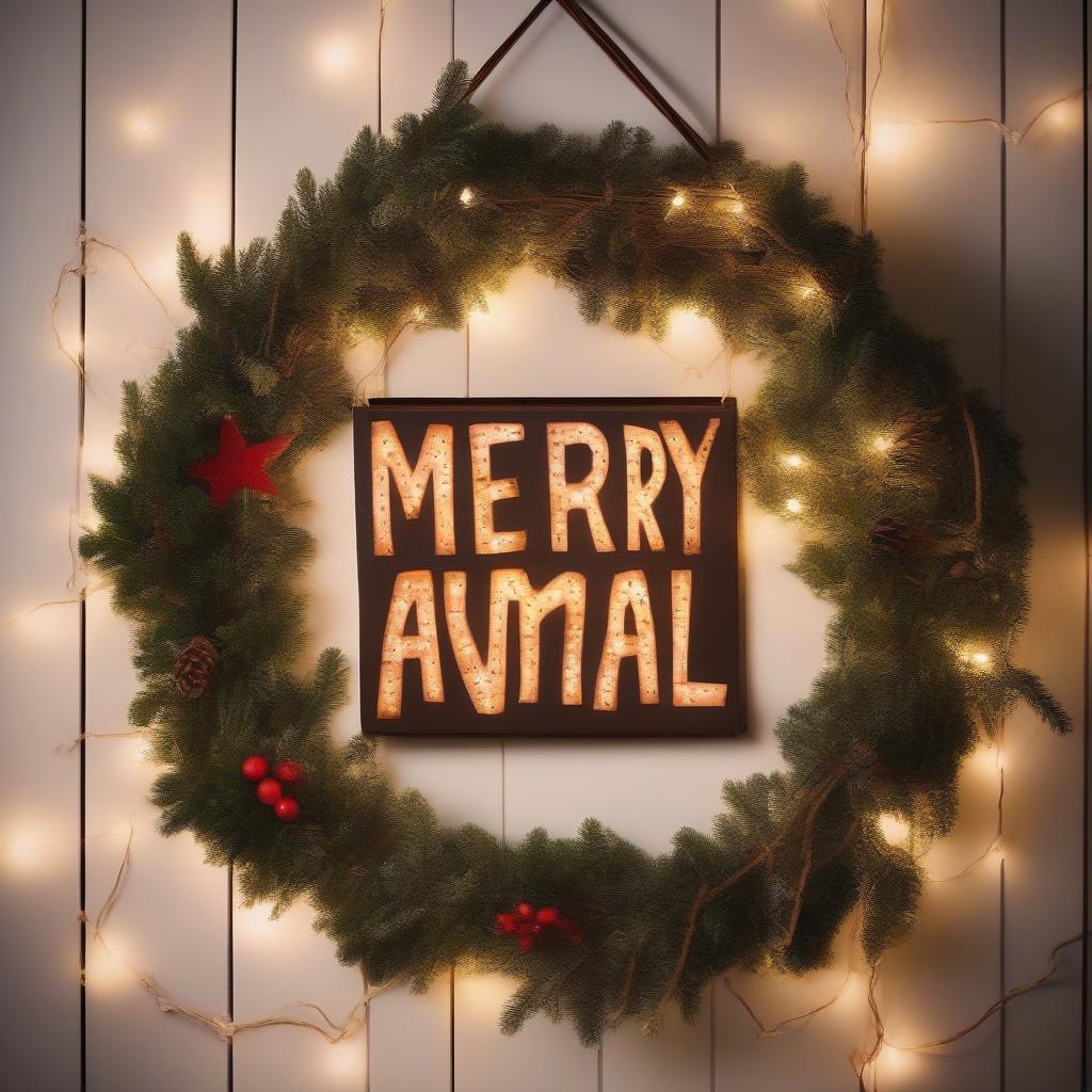 Wicker sign with the phrase "Merry Xmas Ya Filthy Animal" hanging on a festive wall.