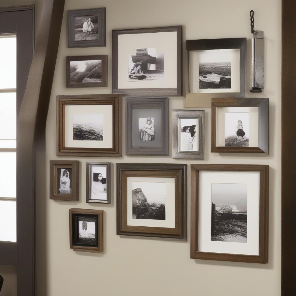 A diverse arrangement of metal and wood pic frames photo display on a gallery wall.