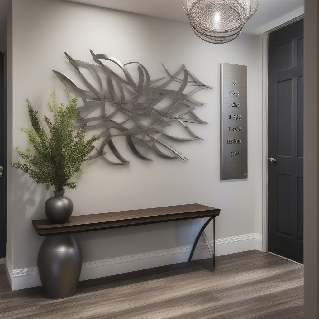 Modern metal family quote wall art displayed in an entryway, creating a welcoming and stylish first impression.