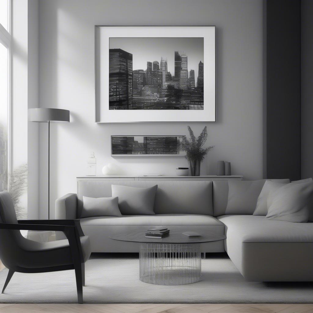 Metal frame around a large photo print in a modern interior