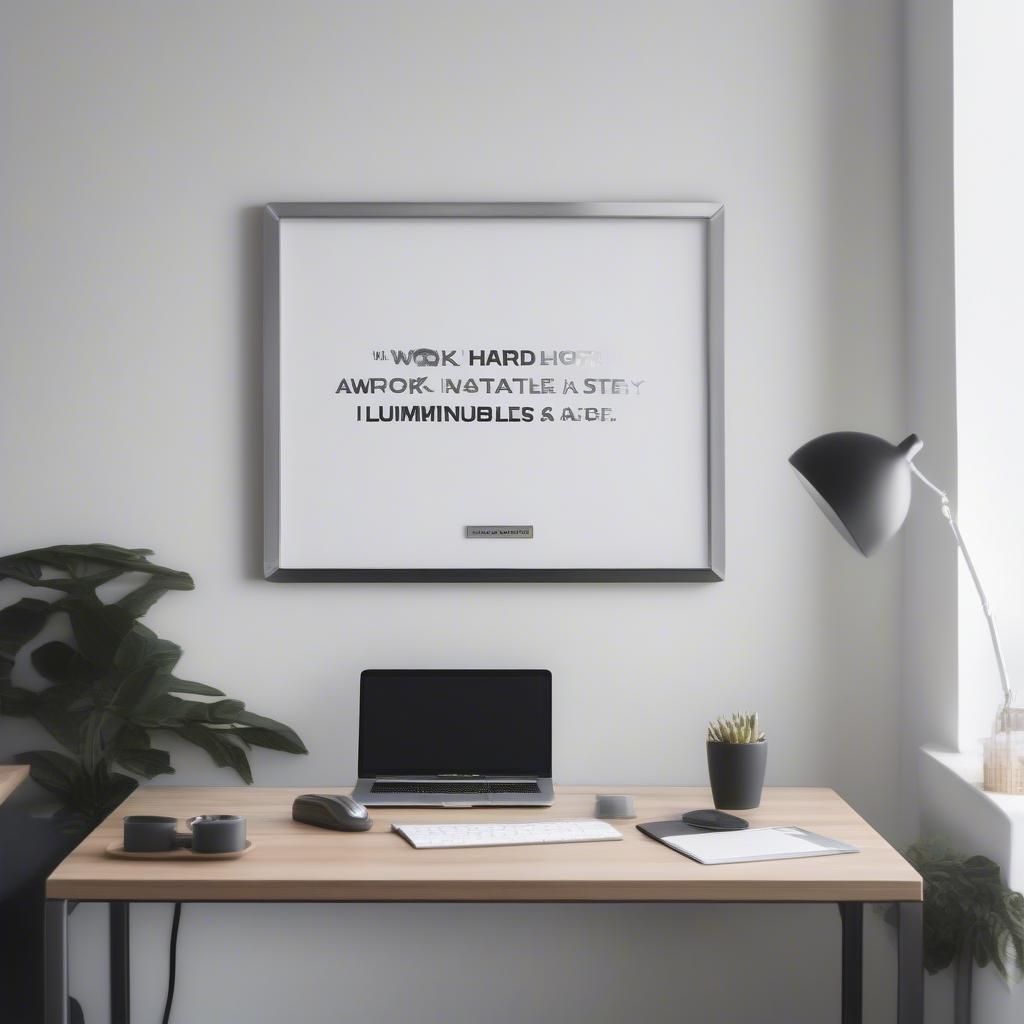 Metal inspirational quote sign hanging in a modern office