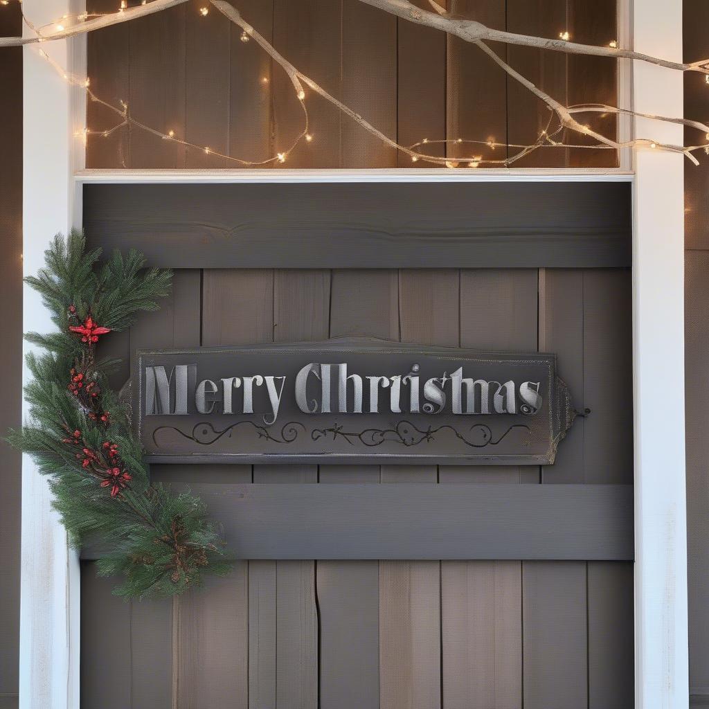 Rustic farmhouse metal Merry Christmas sign hanging on a barn door.