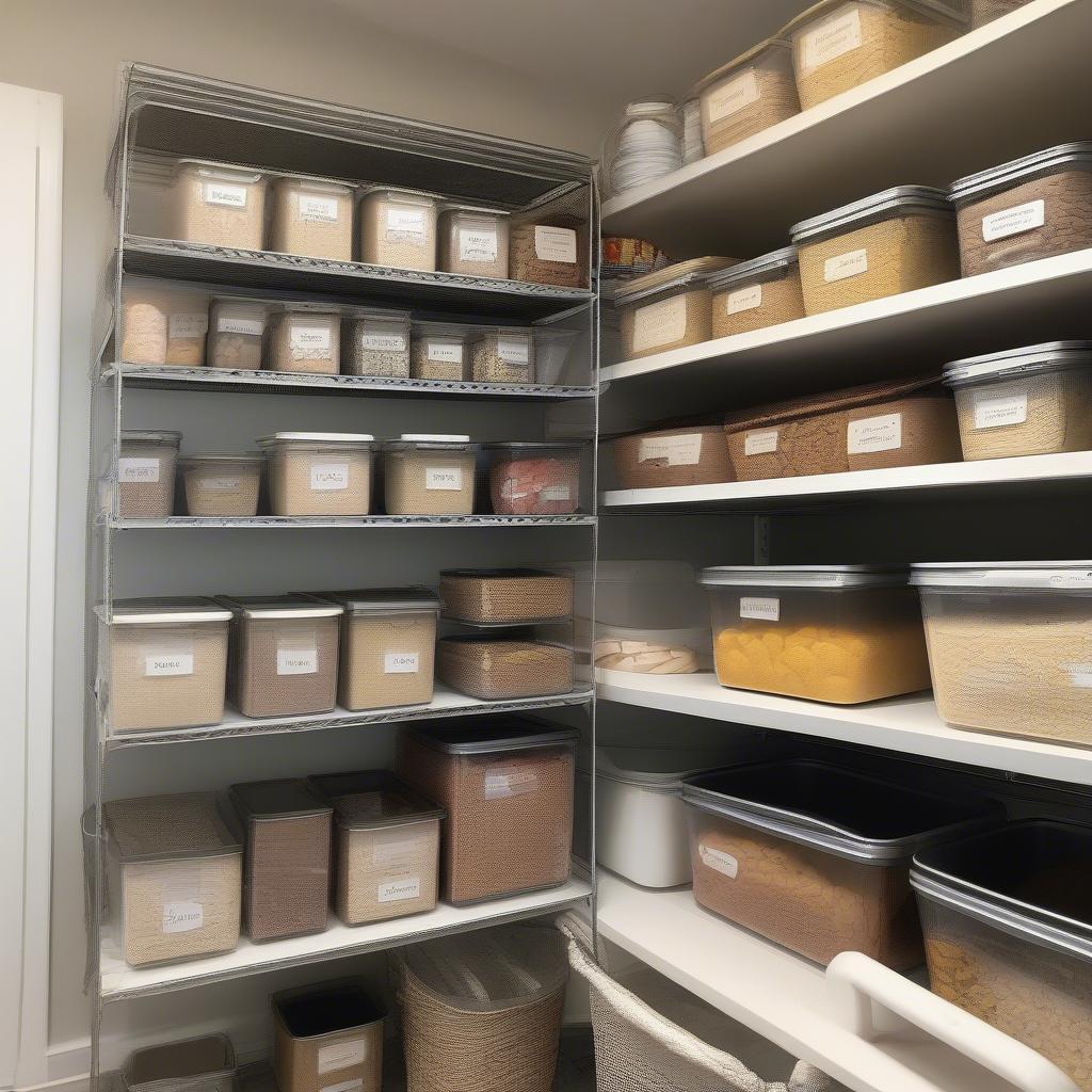 Metal baskets and bins keep pantry items organized and accessible.