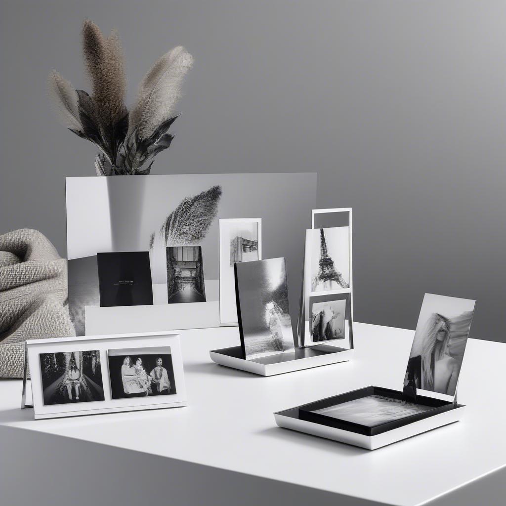 Metal photo holders on a table