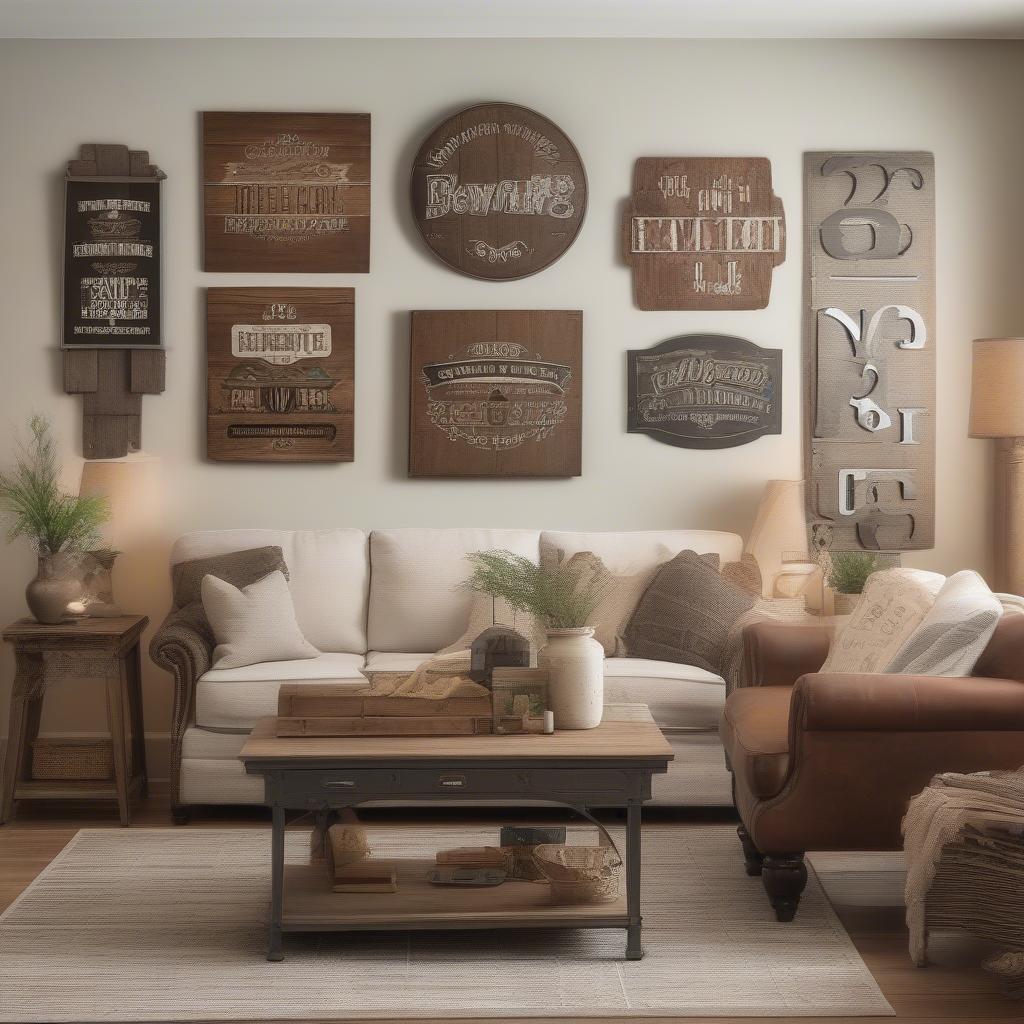 Metal Signs as Wall Art in a Living Room