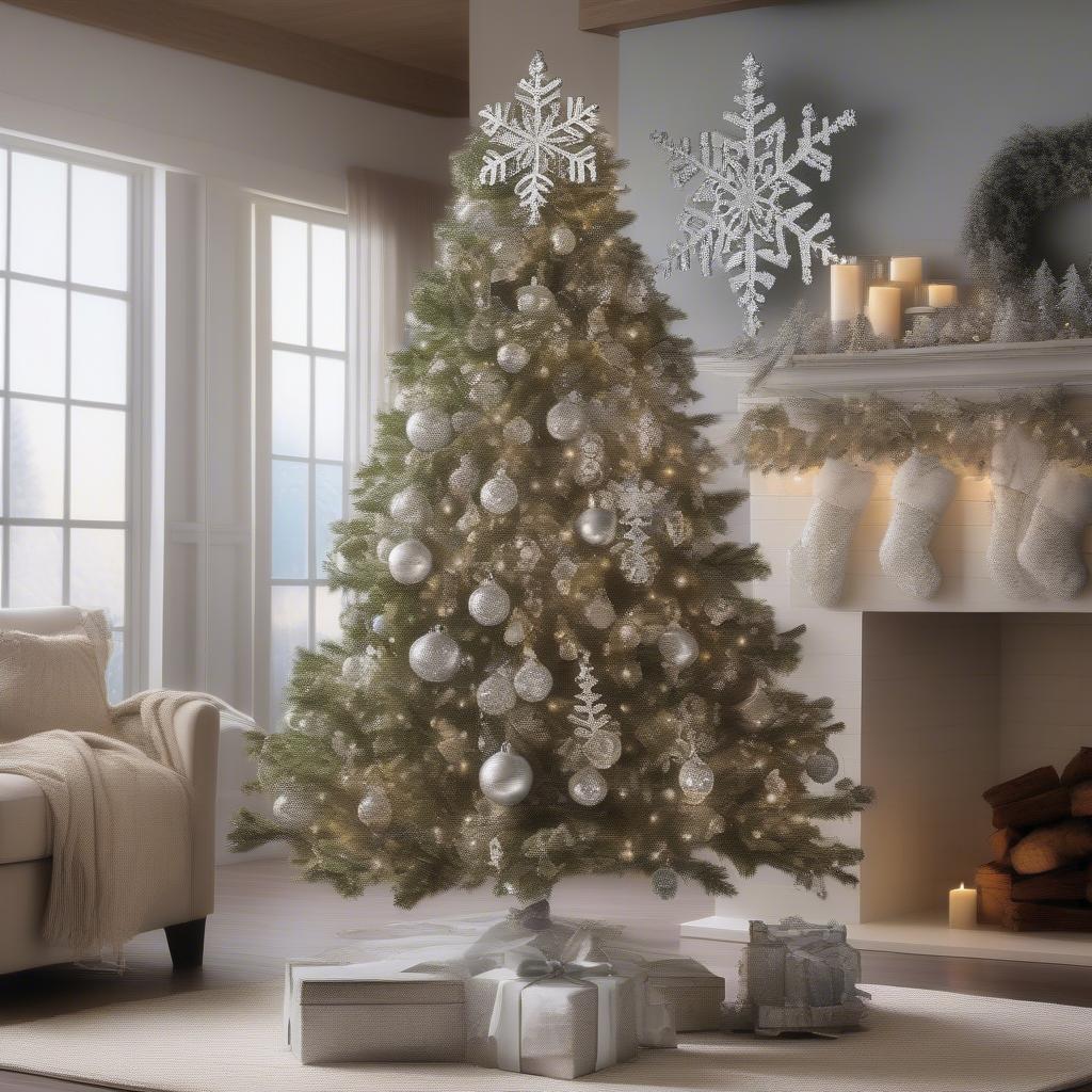 Metal Snowflake Ornaments Adorning a Christmas Tree