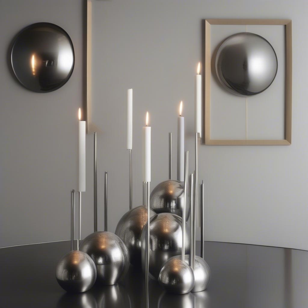 Metal sphere candle holders on a modern dining table