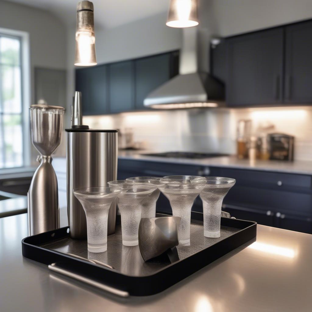 A sleek metal tray with glasses and a cocktail shaker on a kitchen island.