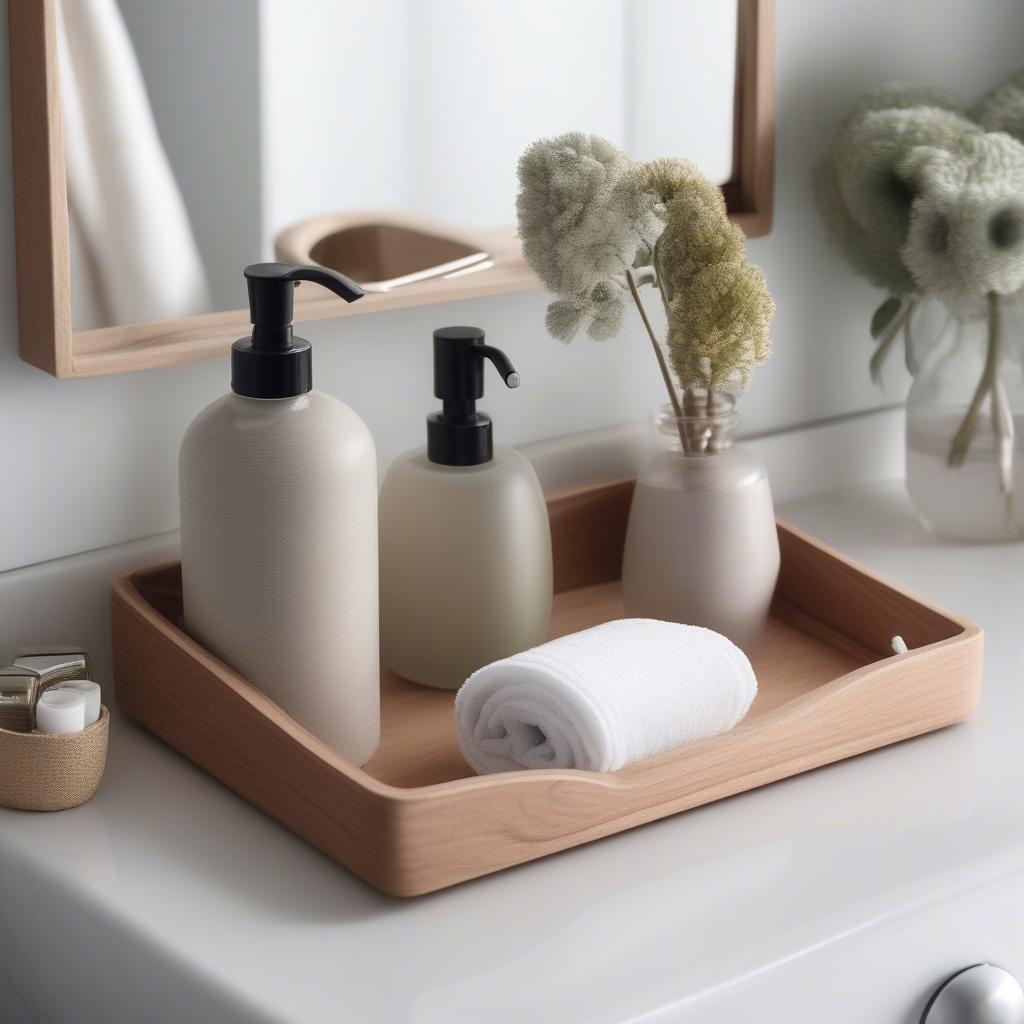 Metal Tray with Wooden Handles in a Bathroom