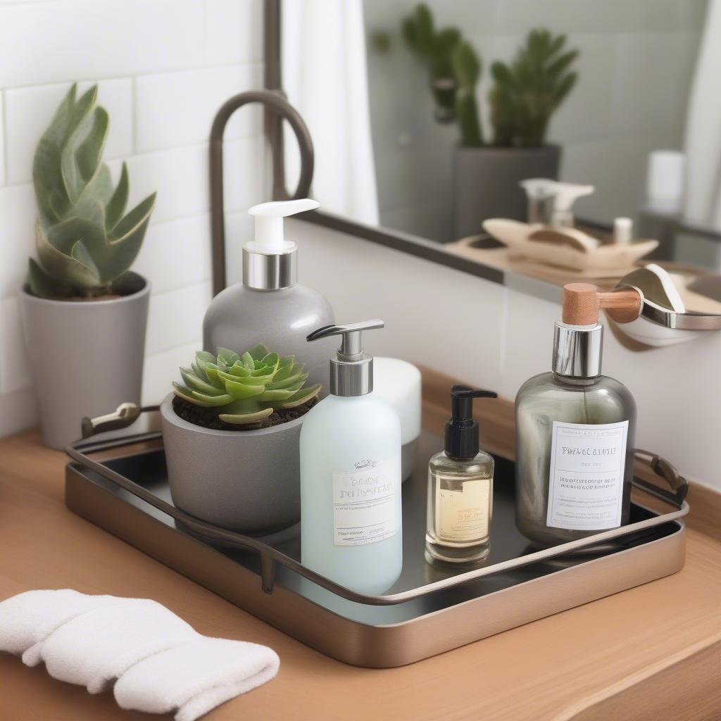 Metal tray with wooden handles organizing bathroom essentials