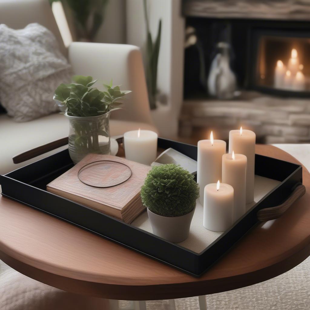 Metal Tray with Wooden Handles in a Living Room Setting