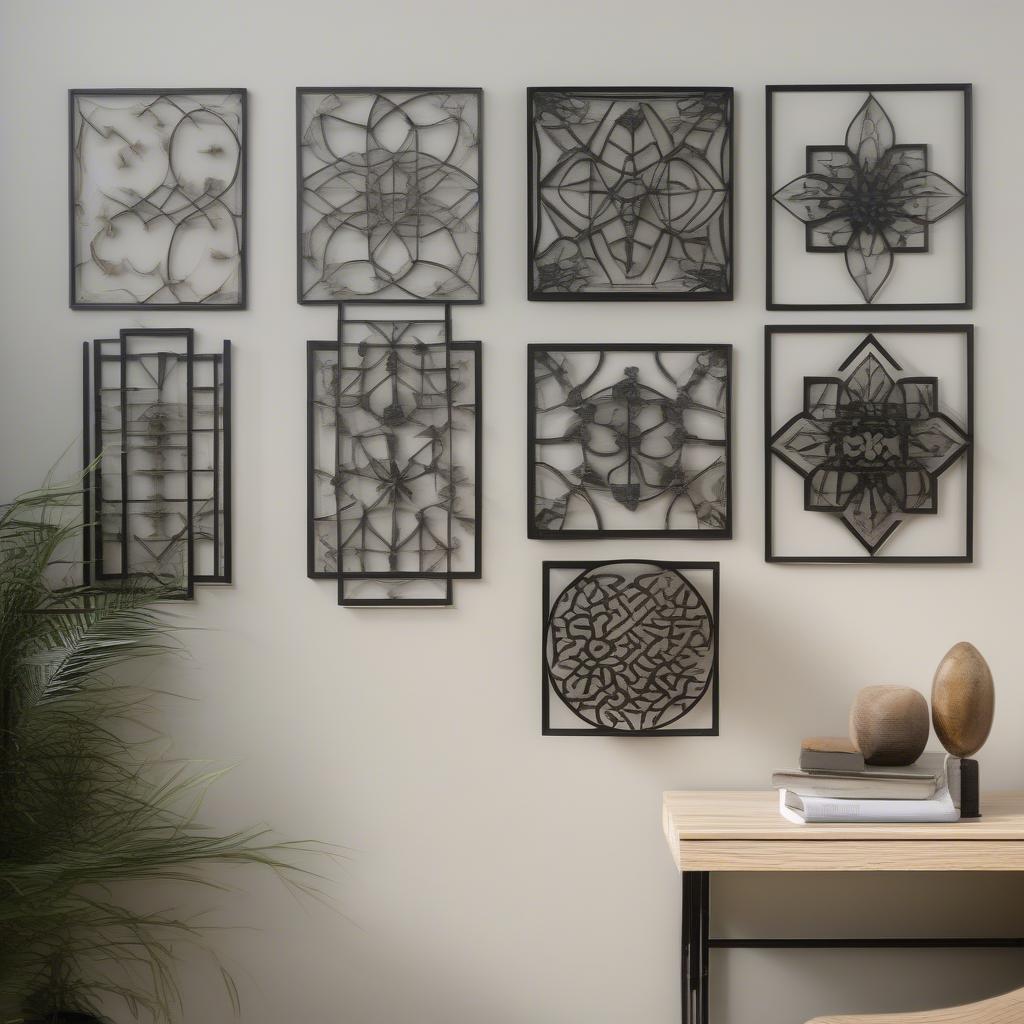 Modern metal wall art featuring geometric designs adds a contemporary touch.