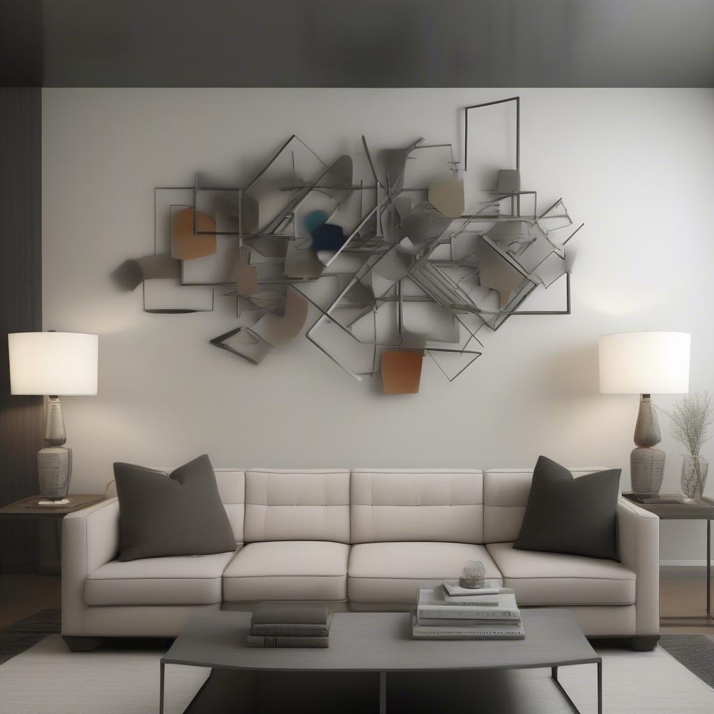 Modern metal wall art creates a striking focal point in a contemporary living room.