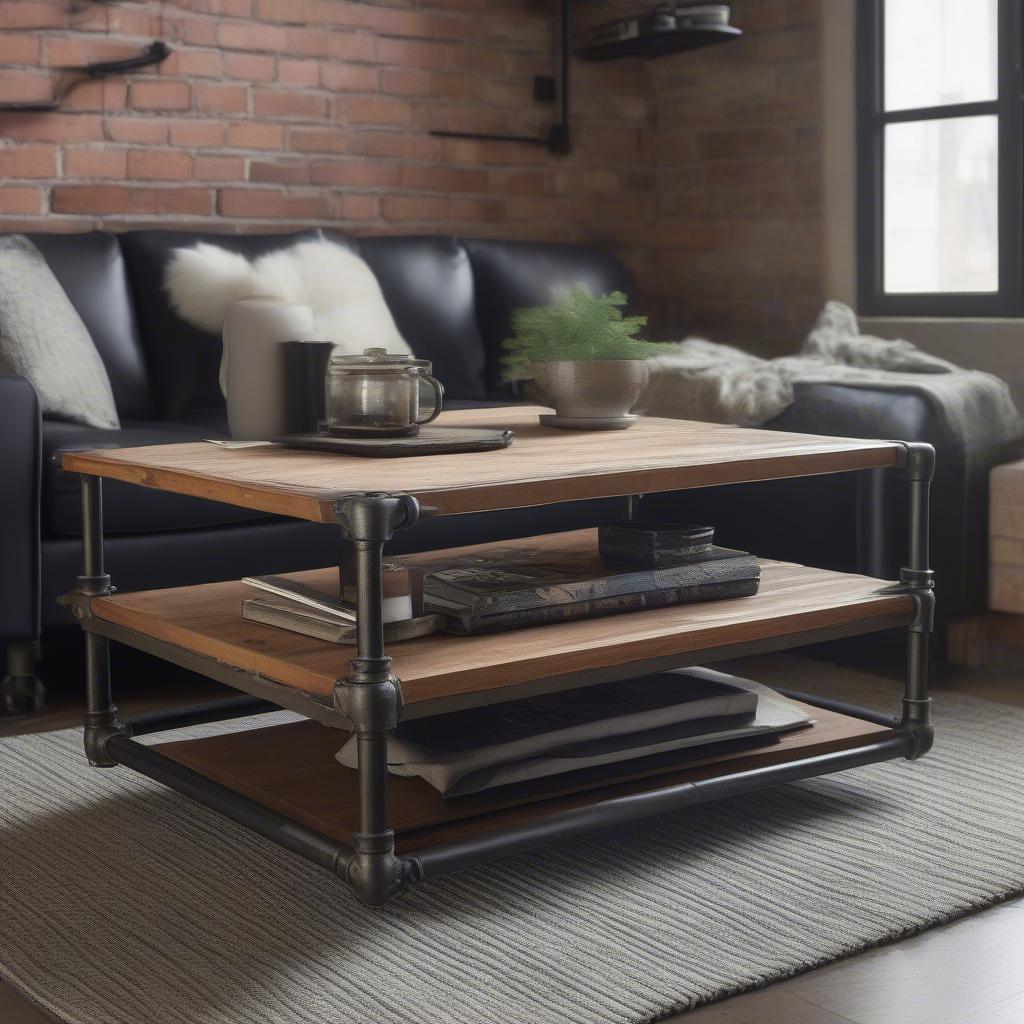 Industrial Style Metal and Wood Coffee Table