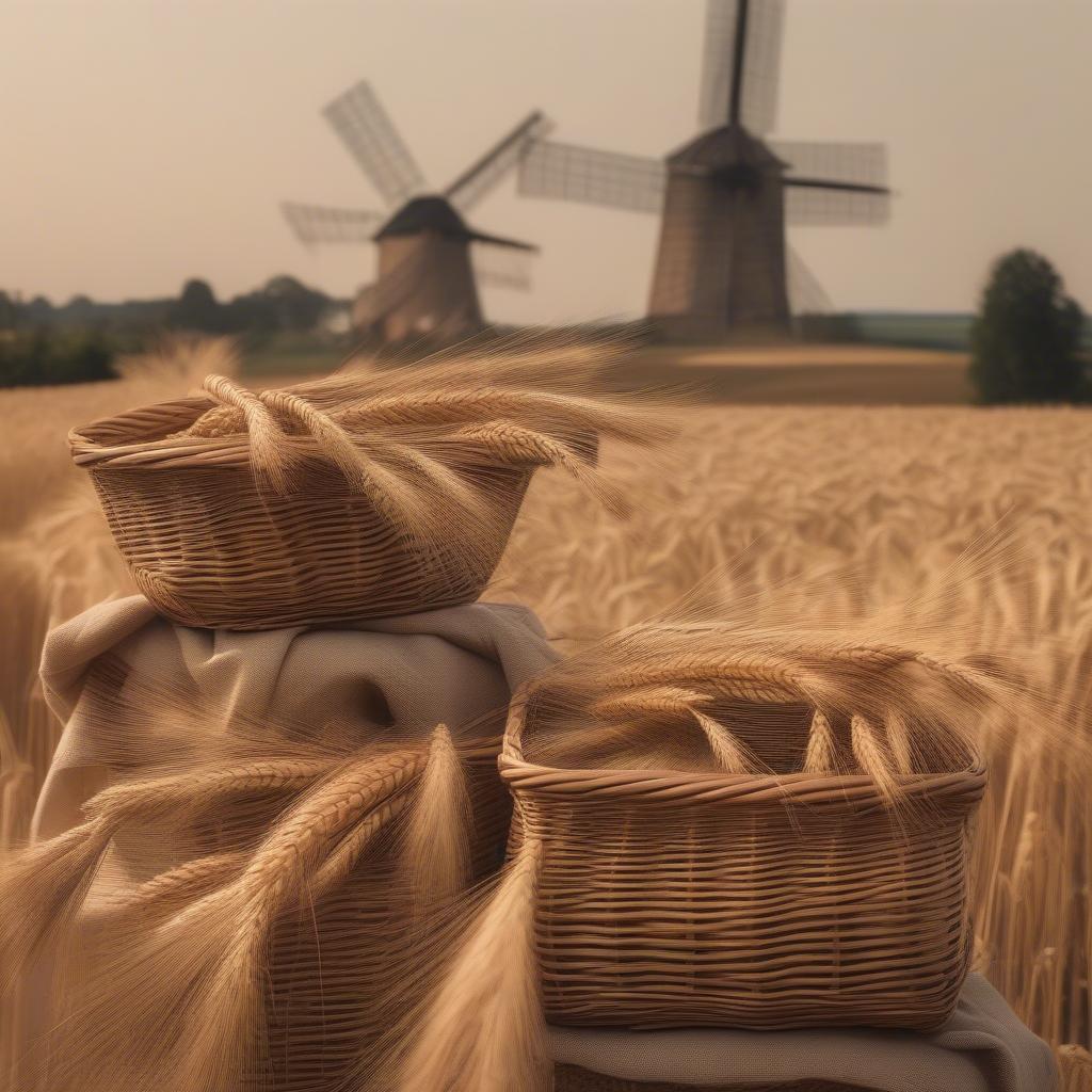 Wicker baskets overflowing with freshly harvested wheat, ready for the mill.