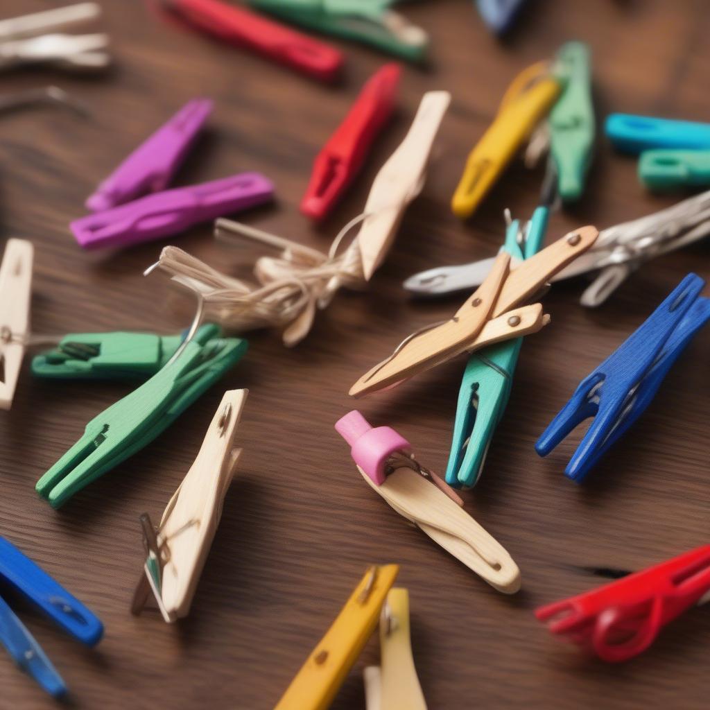 Assorted miniature clothes pins in various colors.