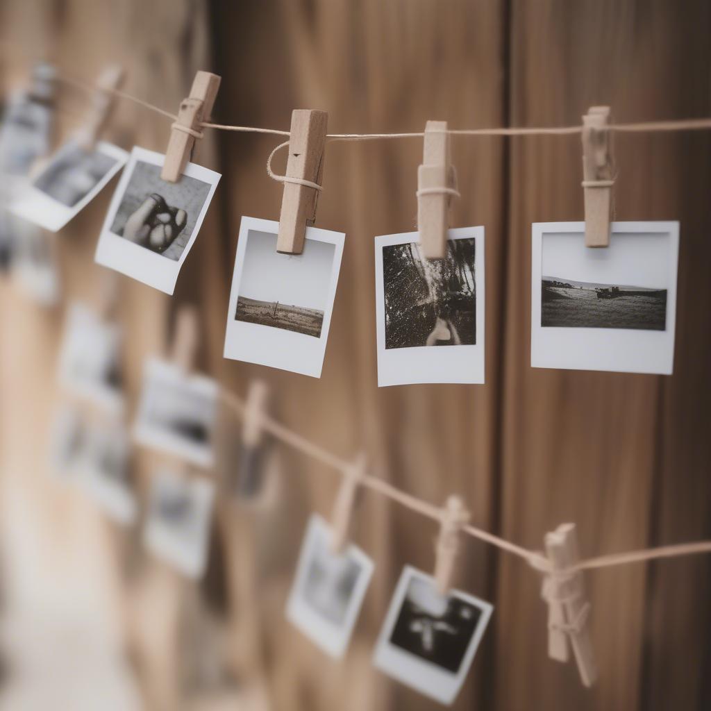 Miniature clothes pins holding photos on a string.