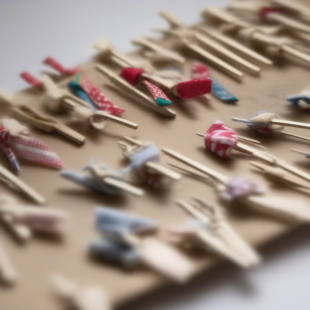 Miniature clothes pins used in a craft project.