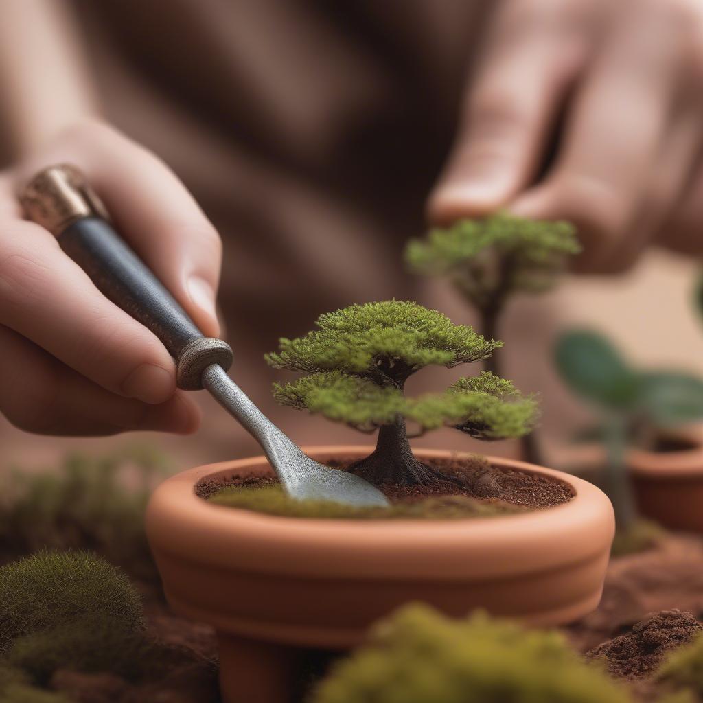 Miniature Hoe in Use for Bonsai and Small-Scale Gardening