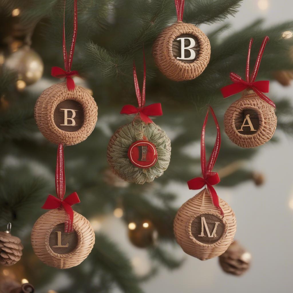 Miniature personalized wicker ornaments hanging on a Christmas tree